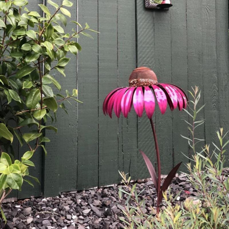 Pink Coneflower Bird Feeder Outdoor Decoration Garden Flower Picaflor Wild Bird Feeder Feeding Outside Rust Resistant Art Metal