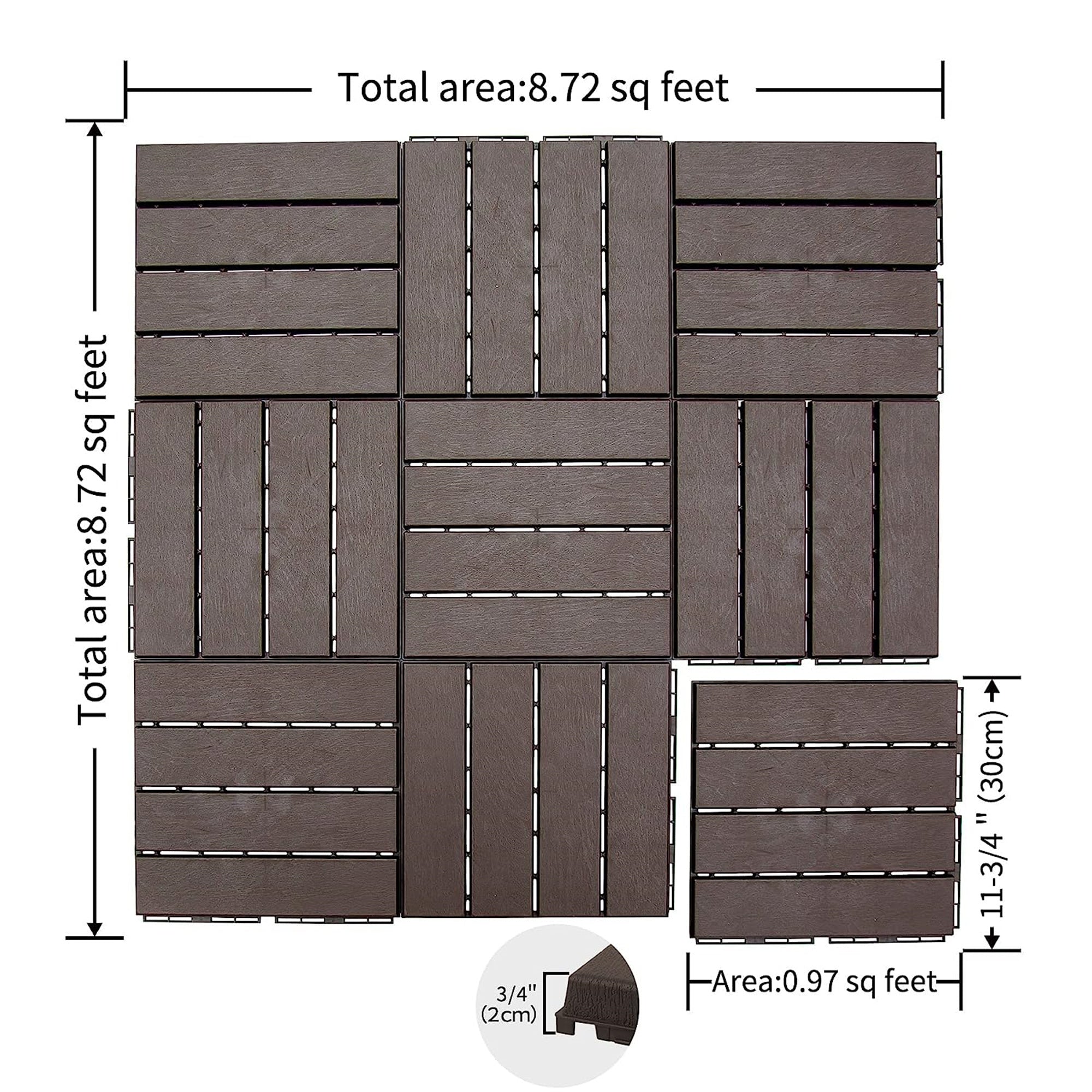 Patio Interlocking Deck Tiles, 12"x12" Square Composite Decking Tiles, Four Slat Plastic Outdoor Flooring Tile All Weather for Balcony Porch Backyard, (Dark Brown, Pack of 27)