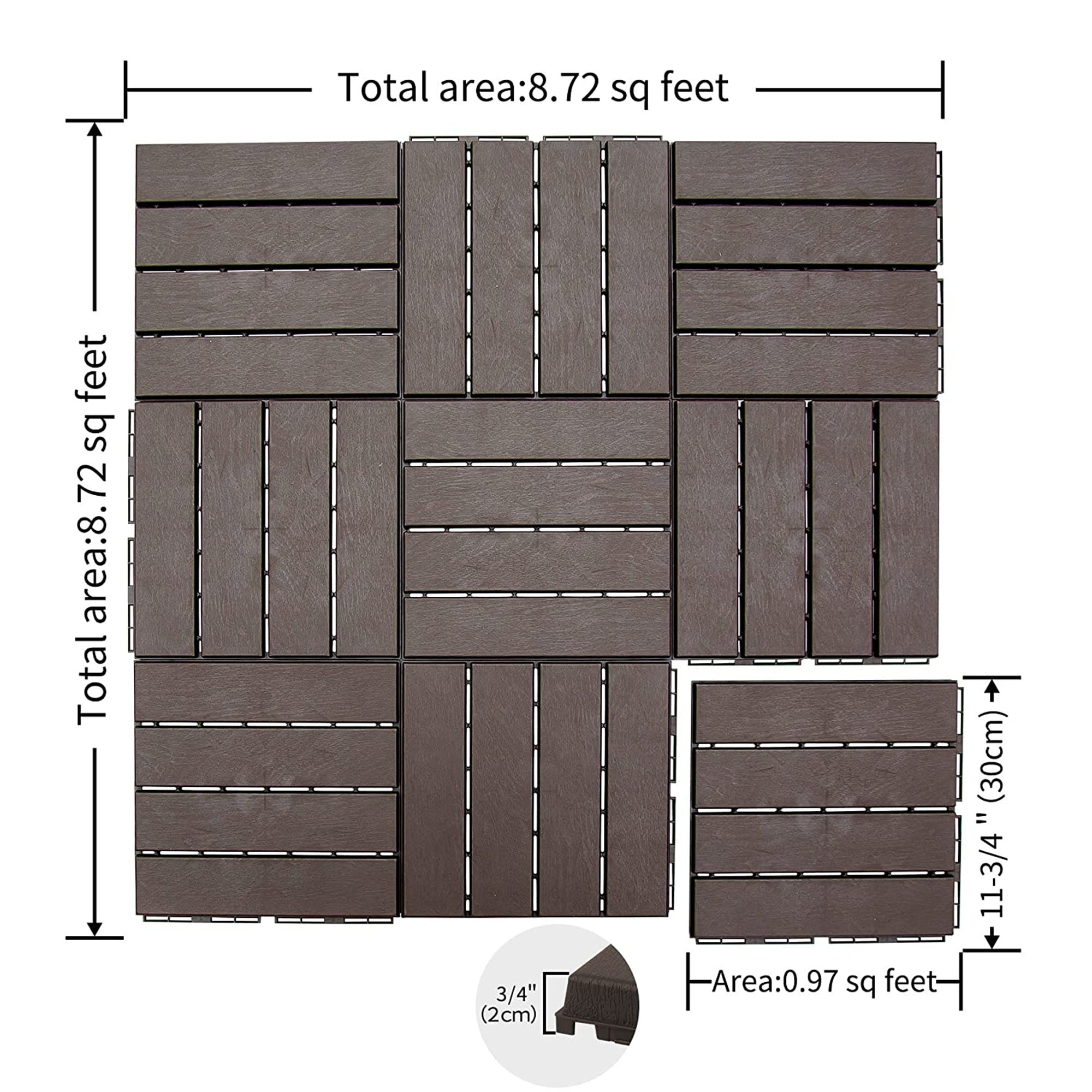 Patio Interlocking Deck Tiles, 12"x12" Square Composite Decking Tiles, Four Slat Plastic Outdoor Flooring Tile All Weather for Balcony Porch Backyard (Dark Brown, Pack of 9)
