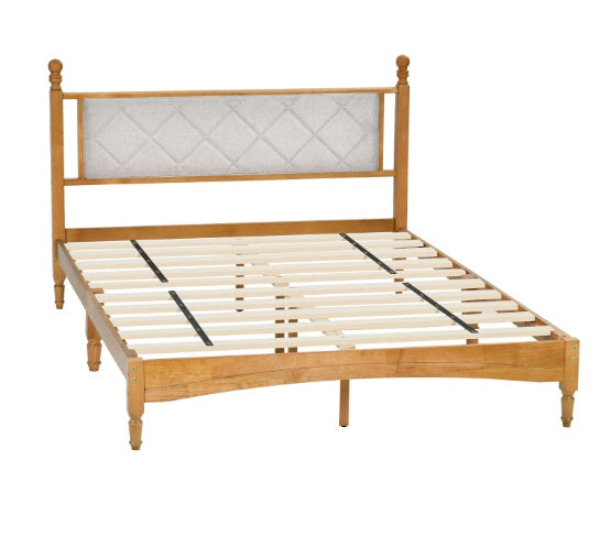 Wood Bed Frame With Fabric Upholstered Headboard