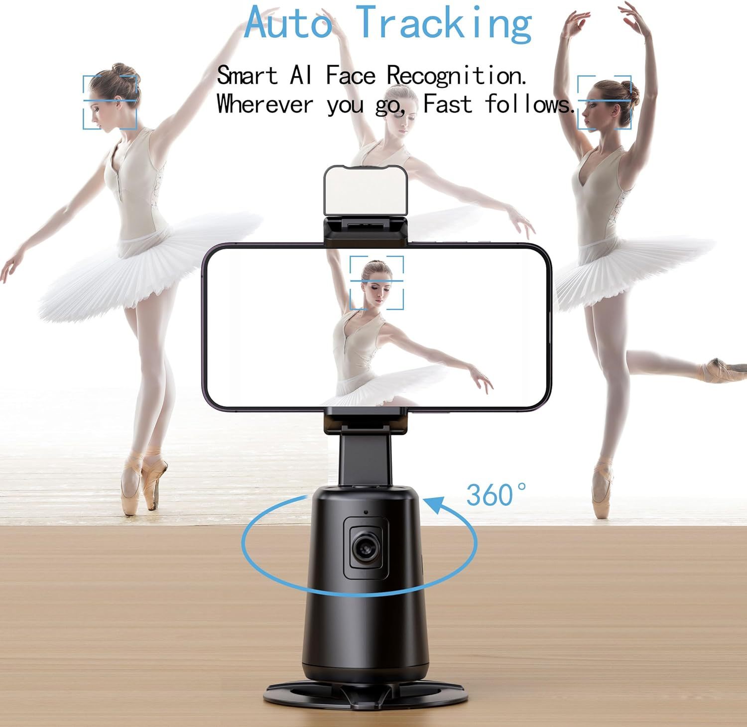 Auto Face Tracking Tripod For Phone, No App Required. 360 Rotation Stand Holder For Video Recording, Suitable For Influencer And Content Creator. Stabilizer Black