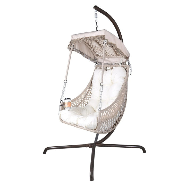 Indoor And Outdoor Swing Egg Chair With Stand, Beige UV Protection Cushion Hanging Chair With Cup Holder