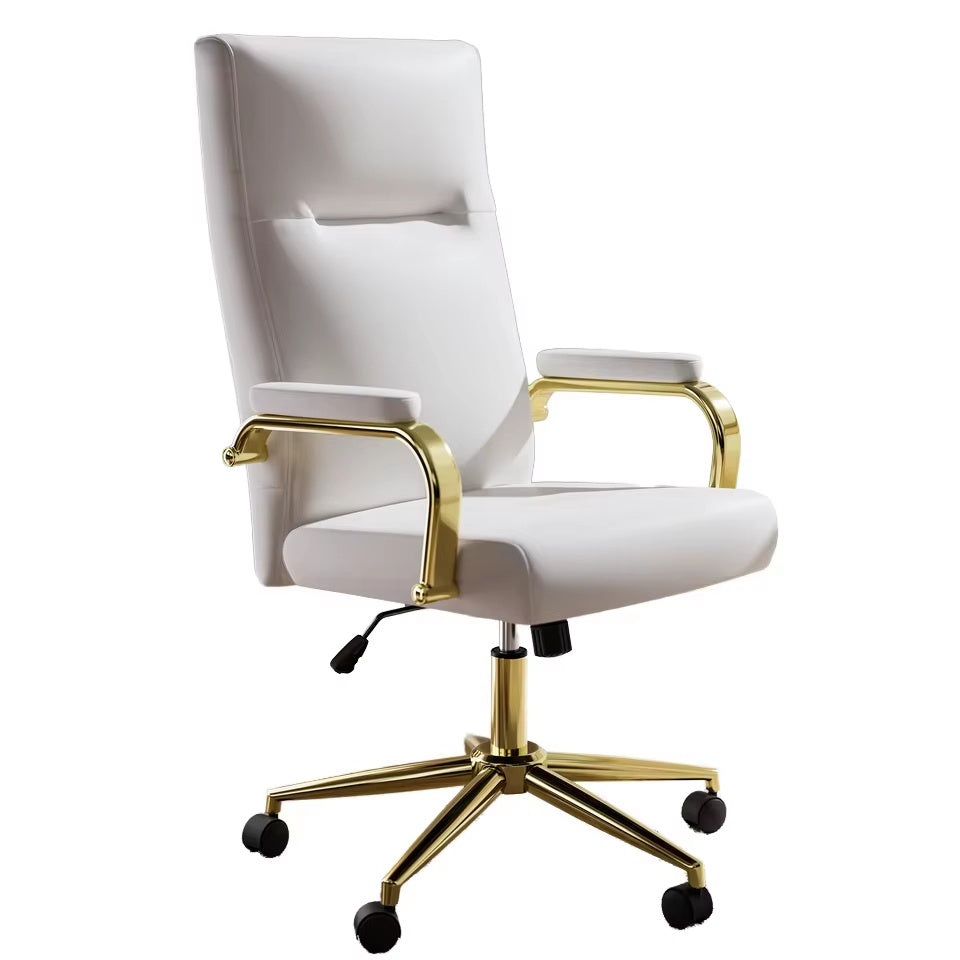 Executive Office Chair For Women And Adults White Leather High Back With Gold Arms And Wheels Excellent Back Support