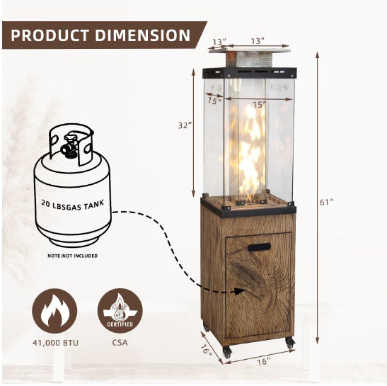 New Product Faux Woodgrain Tempered Glass Outdoor Propane Gas Fire Heater