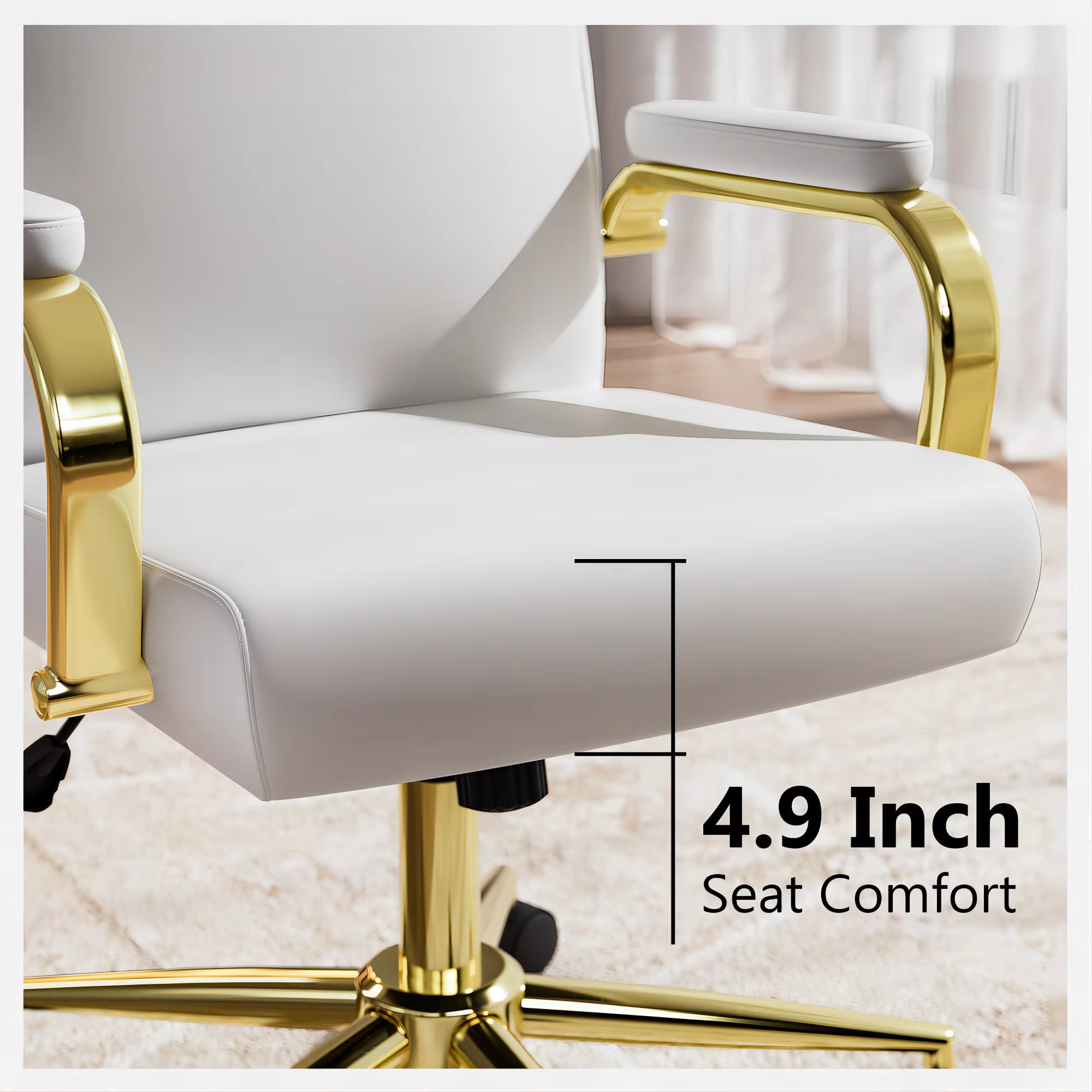 Executive Office Chair For Women And Adults White Leather High Back With Gold Arms And Wheels Excellent Back Support