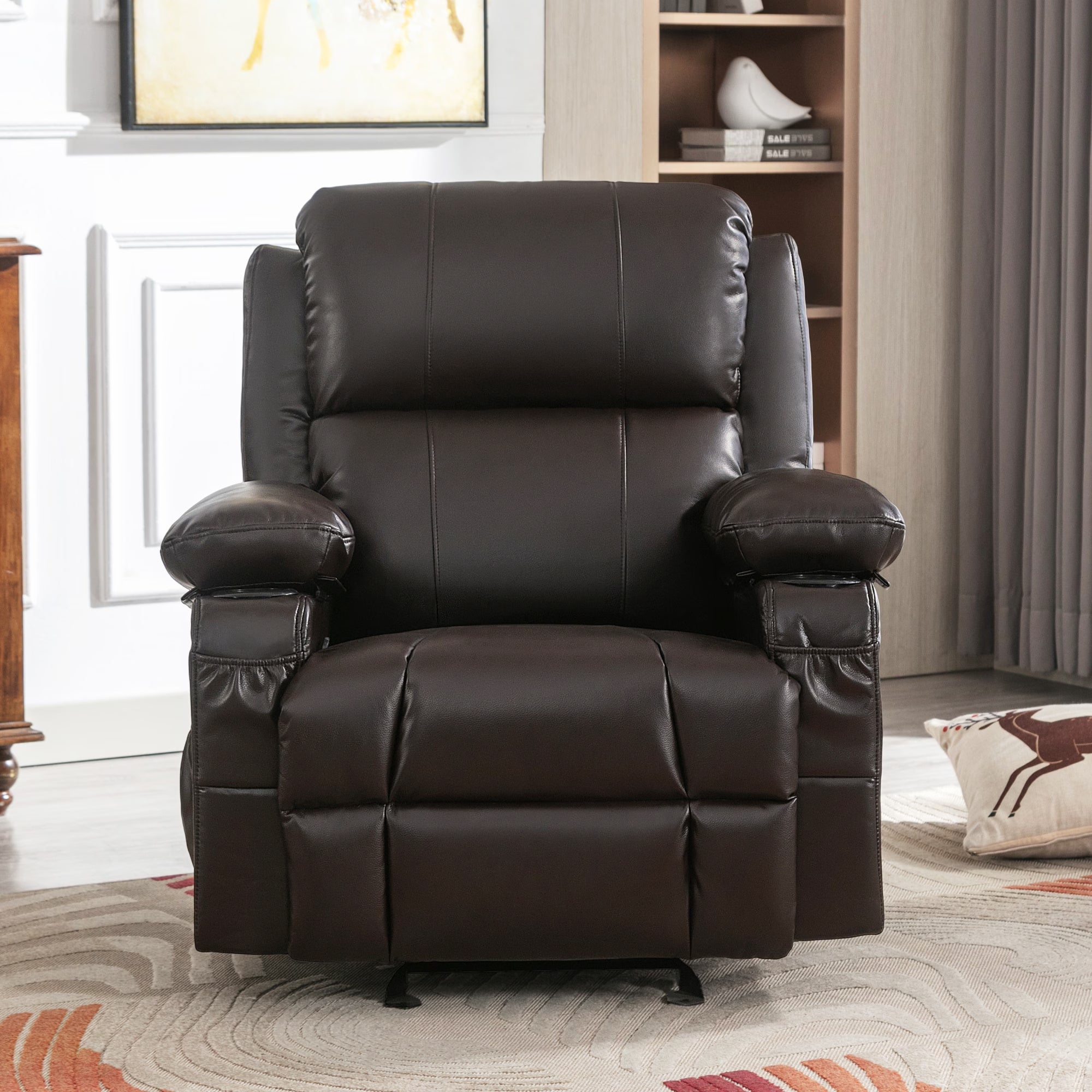 Recliner Chair Rocking Chairs For Adults With 2 Cup Holders, USB Charge Port Soft Features A Manual Massage And Heat.BROWN