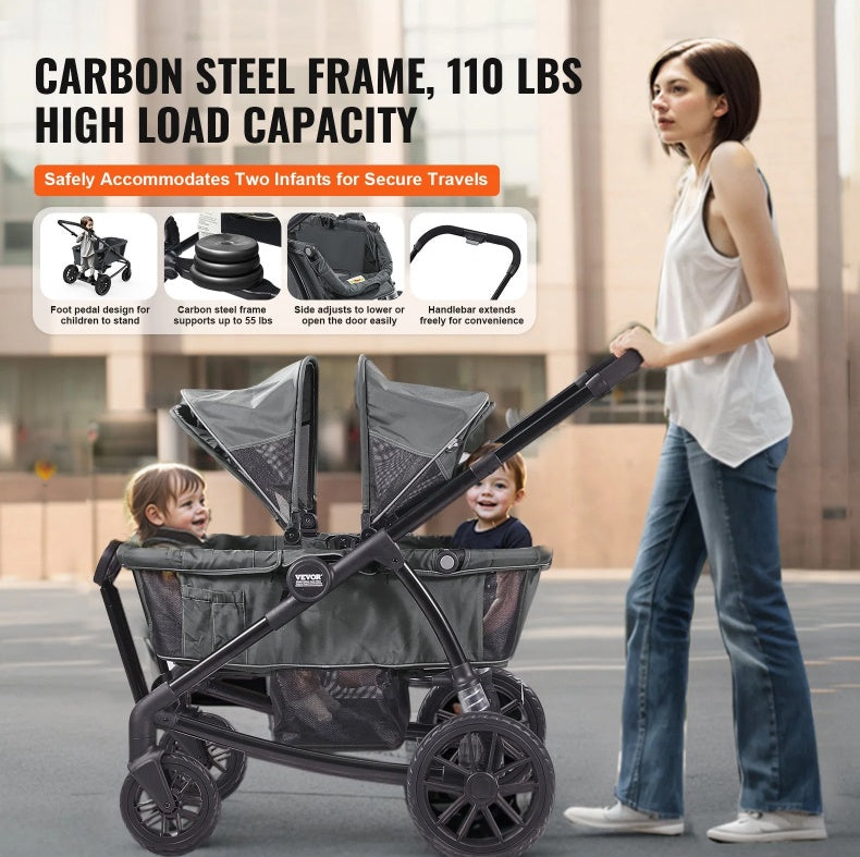 All-Terrain Stroller Wagon, 2 Seats Foldable Expedition 2-in-1 Collapsible Wagon Stroller, Includes Canopy, Parent Organizer, Snack Tray Cup Holders, 55lbs For Single Seat, Dark Grey Black