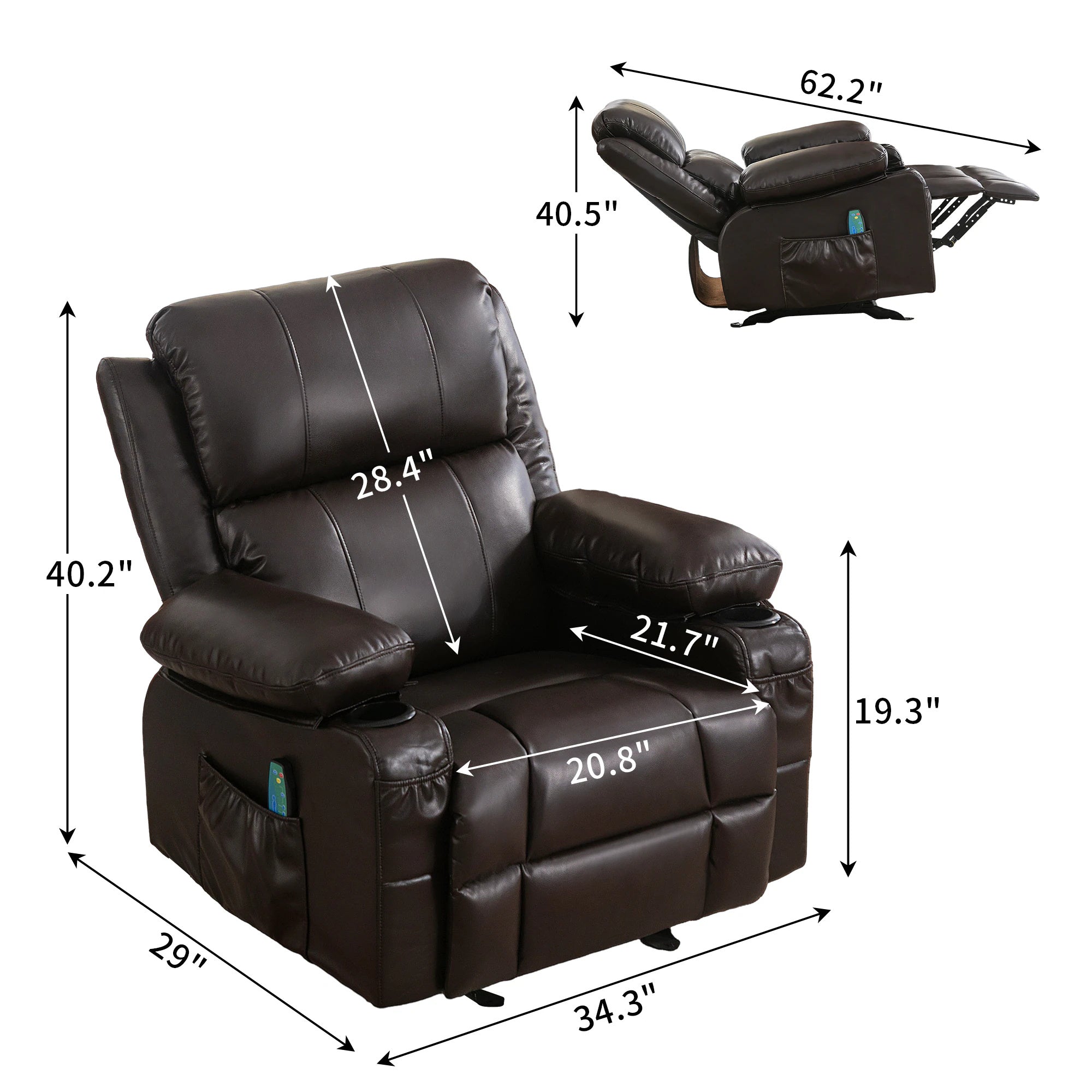 Recliner Chair Rocking Chairs For Adults With 2 Cup Holders, USB Charge Port Soft Features A Manual Massage And Heat.BROWN