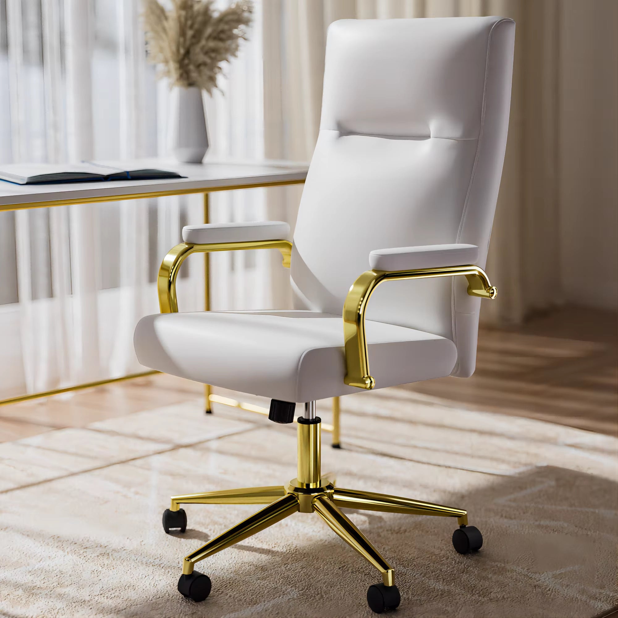 Executive Office Chair For Women And Adults White Leather High Back With Gold Arms And Wheels Excellent Back Support