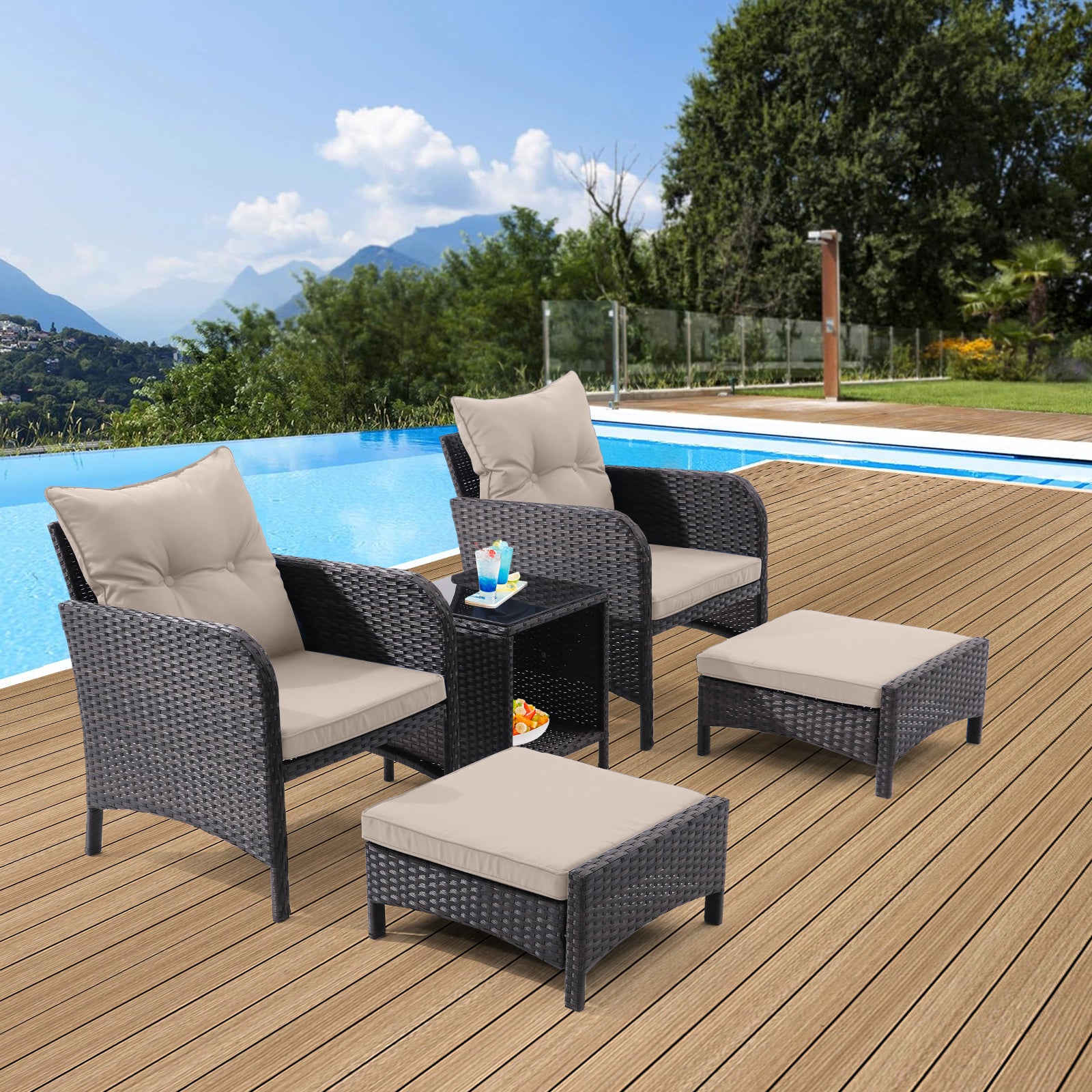 5 Piece Outdoor Patio Furniture Set,All Weather PE Rattan Conversation Chairs with Armrest and Removable Cushions,Ottomans and Storage Coffee Table for Poolside Garden Balcony Deck