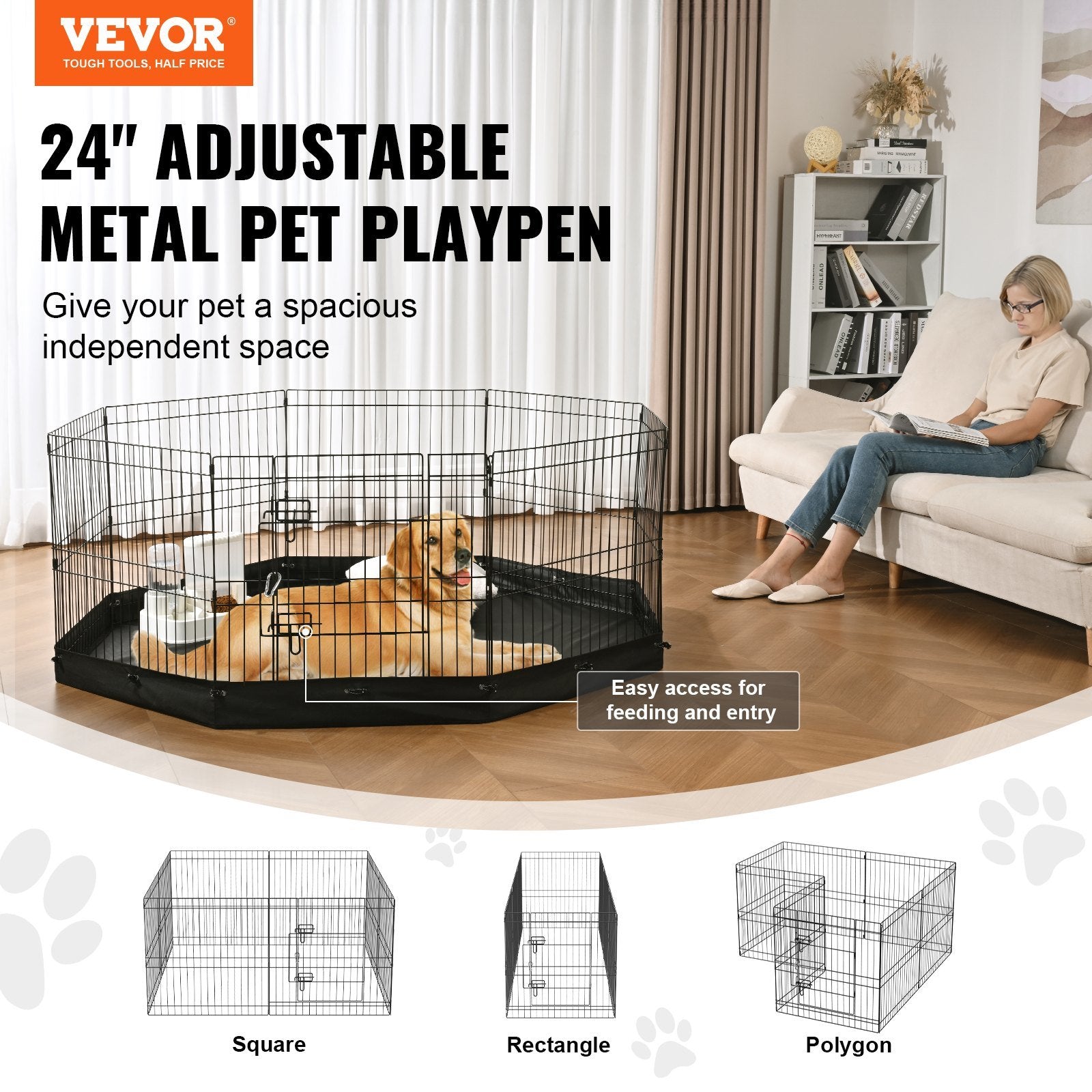 VEVOR Dog Playpen, 8 Panels Foldable Metal Dog Exercise Pen with Bottom Pad, 24