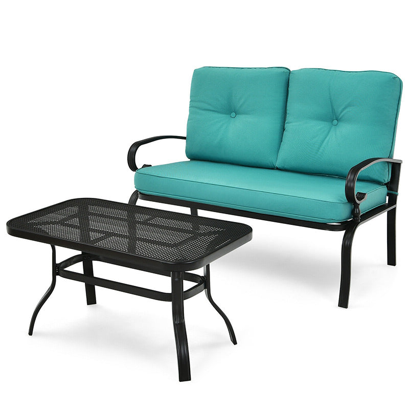 2PCS Patio Loveseat Bench Table Furniture Set with Cushioned Chair