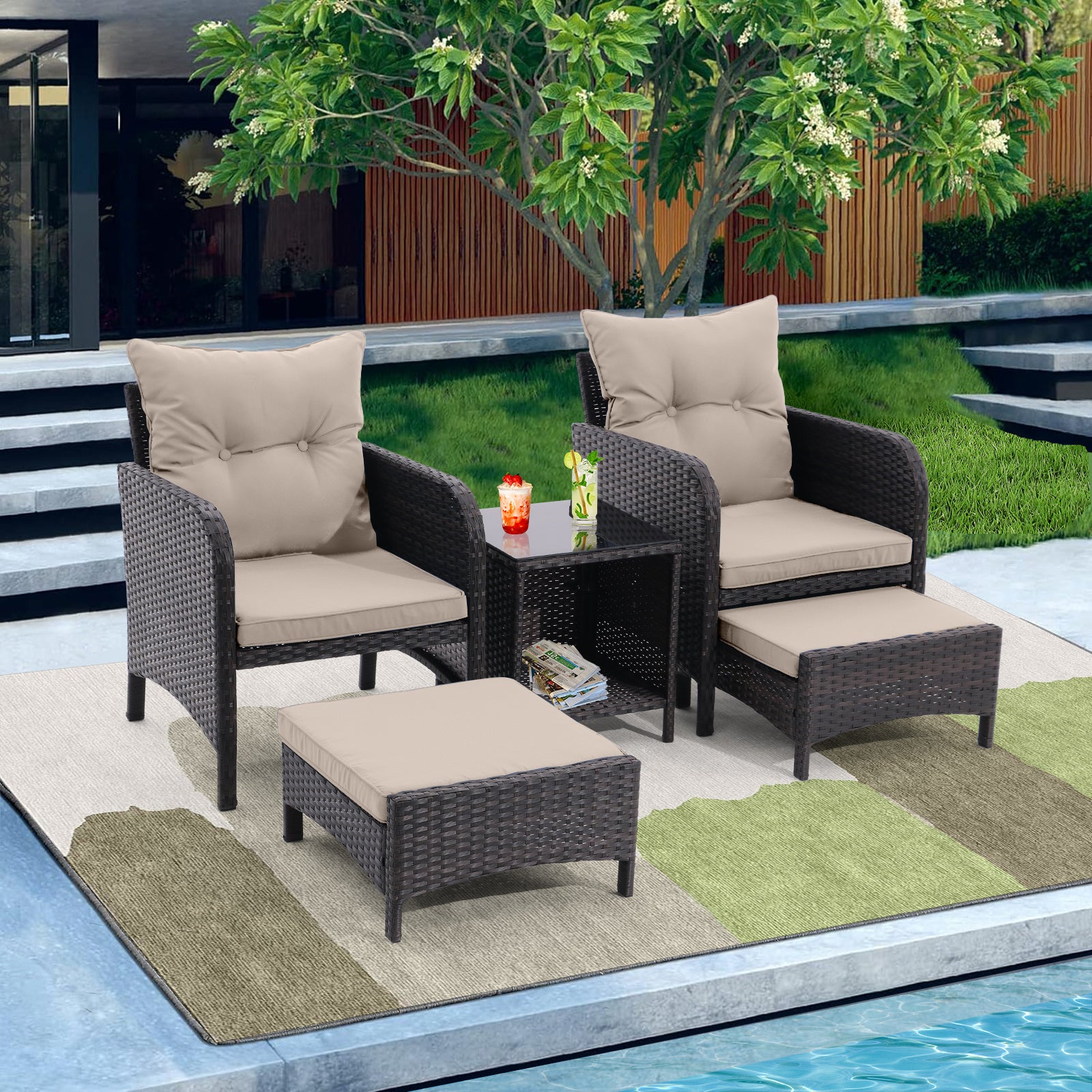 5 Piece Outdoor Patio Furniture Set,All Weather PE Rattan Conversation Chairs with Armrest and Removable Cushions,Ottomans and Storage Coffee Table for Poolside Garden Balcony Deck