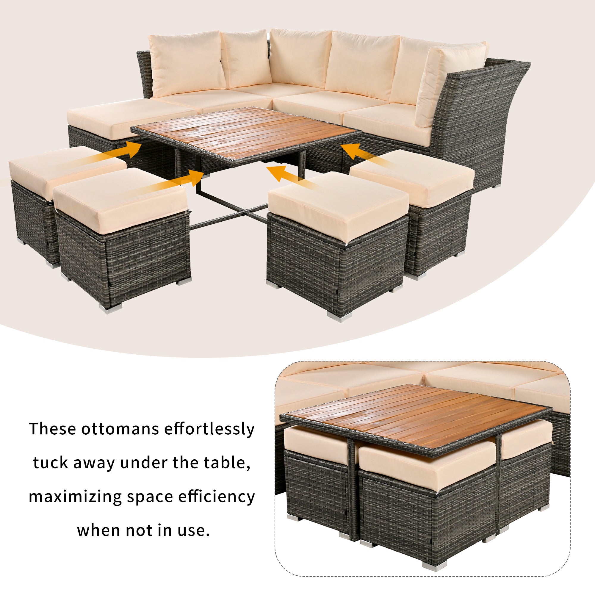 U_STYLE Patio Furniture Set, 10 Piece Outdoor Conversation Set, CoffeeTable with Ottomans, Solid wood coffee table