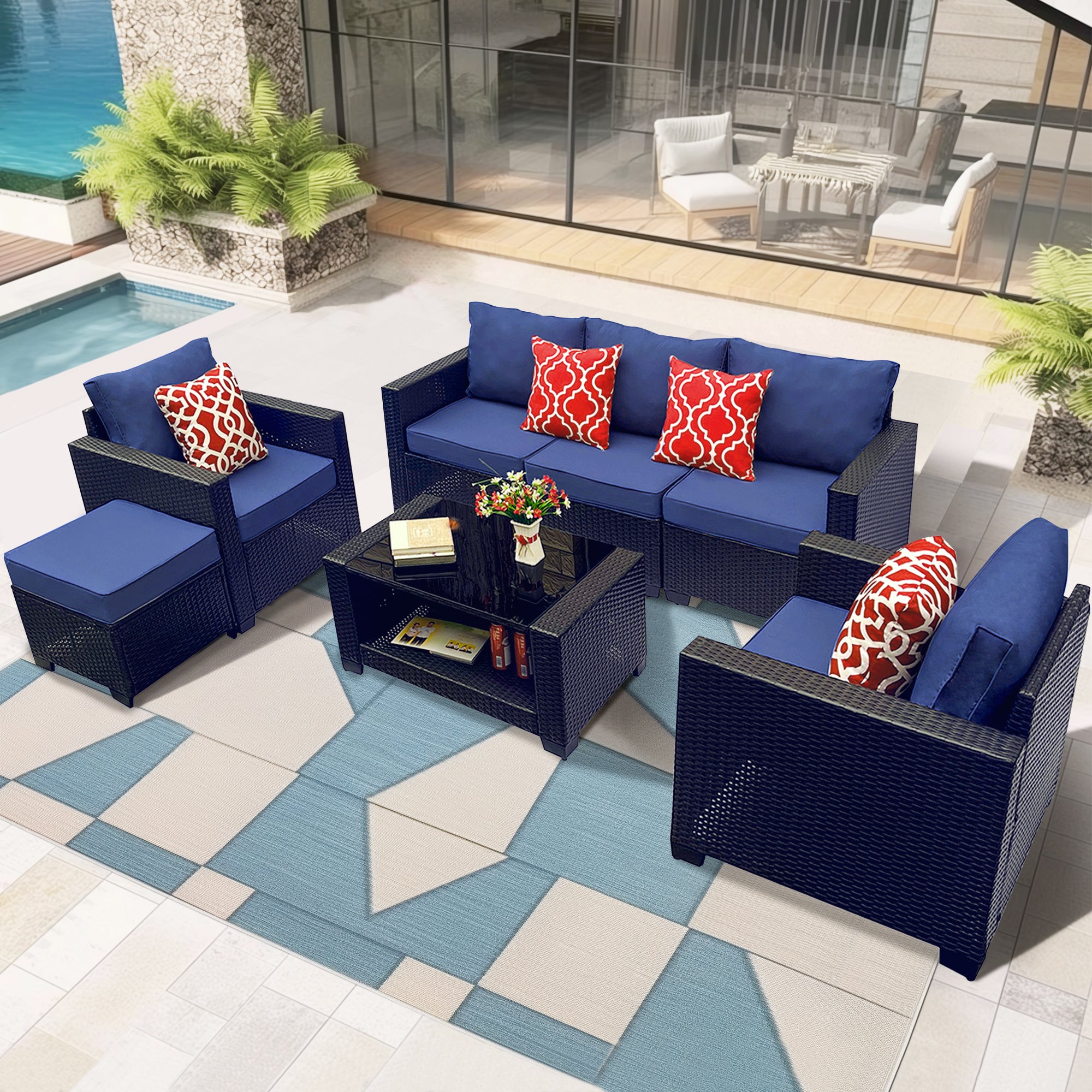 Outdoor Garden Patio Furniture 7-Piece PE Rattan Wicker Cushioned Sofa Sets and Coffee Table, patio furniture set;outdoor couch;outdoor couch patio furniture;outdoor sofa;patio couch