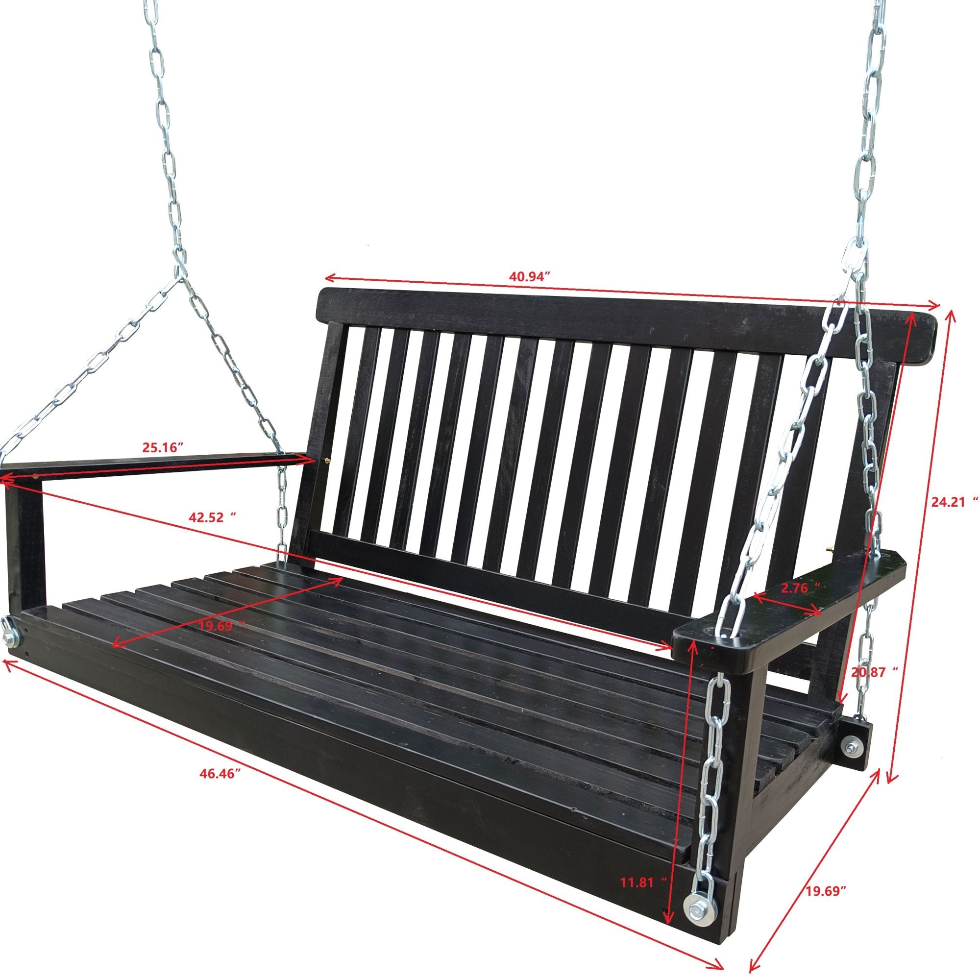 Front Porch Swing with Armrests, Wood Bench Swing with Hanging Chains,for Outdoor Patio ,Garden Yard, porch, backyard, or sunroom,Easy to Assemble,black