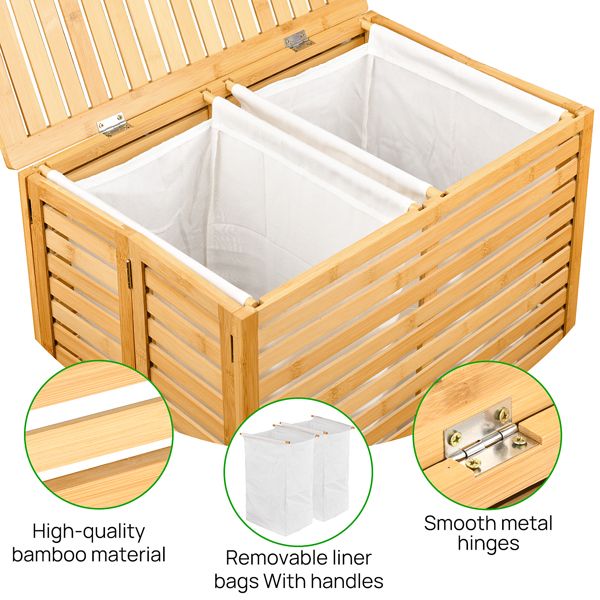 Bamboo Laundry Hamper with Lid – Foldable Clothes Basket with 2-Section Removable Liner Bag, Space-Saving Laundry Sorter for Bathroom, Bedroom, and Laundry Room (Natural, 21.69'L x 13.85'W x 25.39'H)