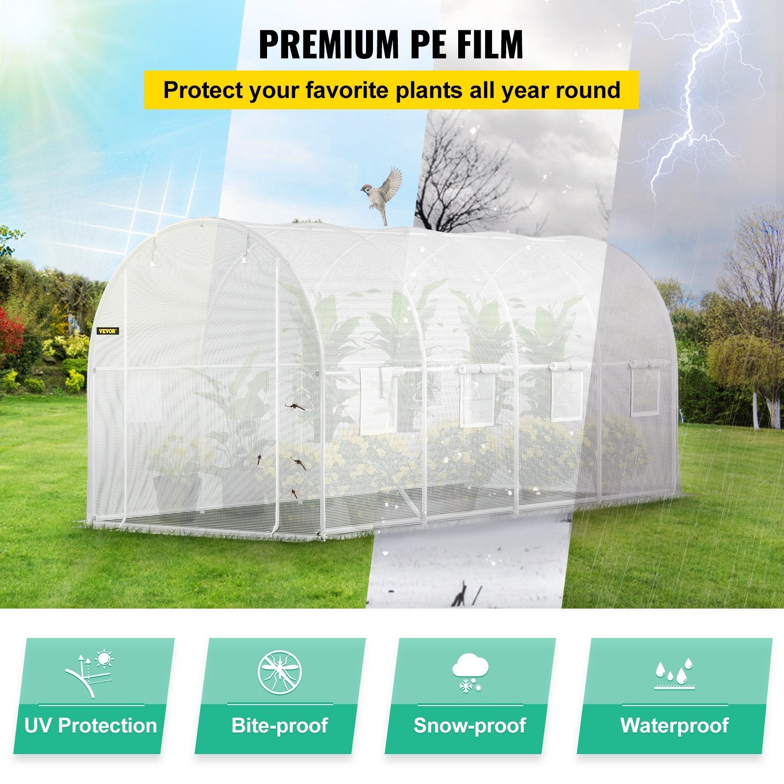 VEVOR Walk-in Tunnel Greenhouse, 15 x 7 x 7 ft Portable Plant Hot House w/ Galvanized Steel Hoops, 1 Top Beam, Diagonal Poles, Zippered Door & 8 Roll-up Windows, White