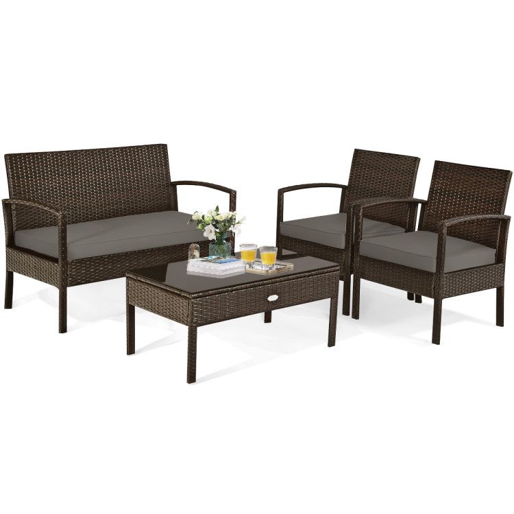 4 Pieces Patio Rattan Cushioned Furniture Set with Loveseat and Table Outdoor Conversation Sets