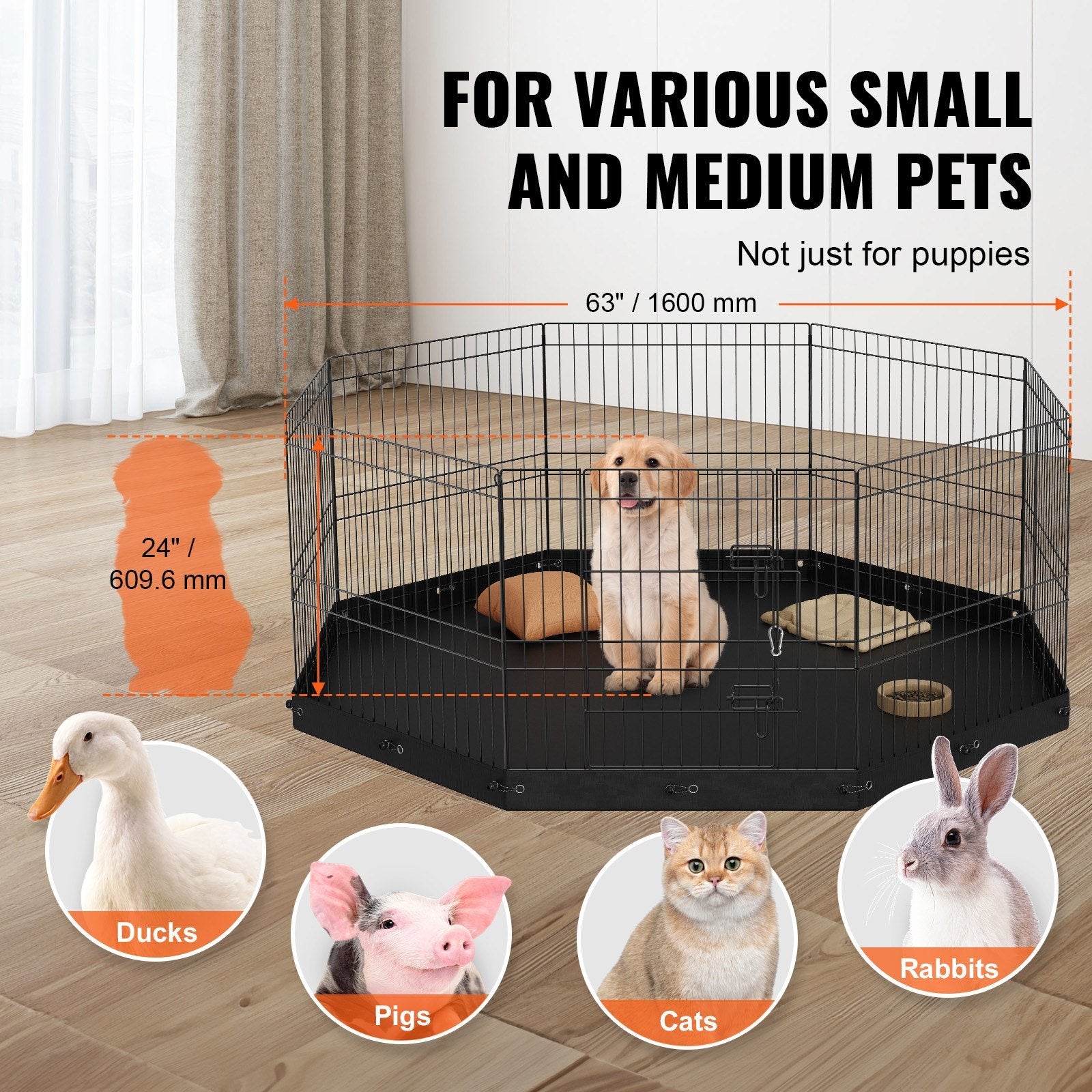 VEVOR Dog Playpen, 8 Panels Foldable Metal Dog Exercise Pen with Bottom Pad, 24