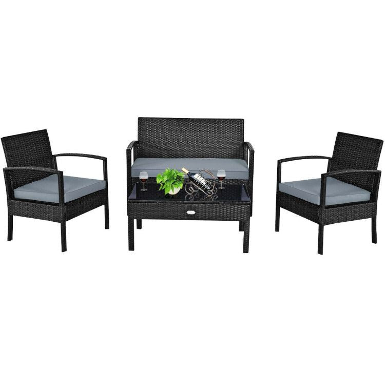 4 Pieces Patio Rattan Cushioned Furniture Set with Loveseat and Table Outdoor Conversation Sets