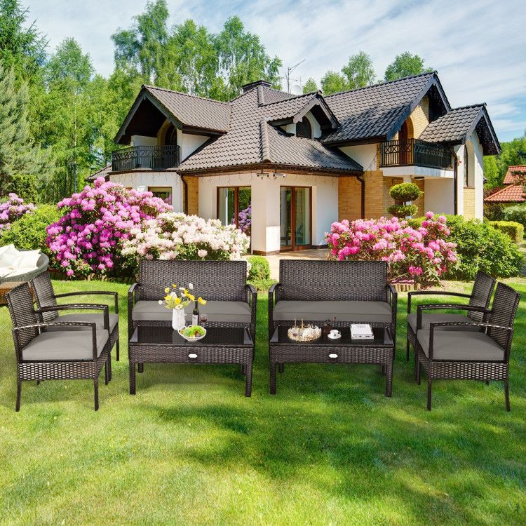 4 Pieces Patio Rattan Cushioned Furniture Set with Loveseat and Table Outdoor Conversation Sets