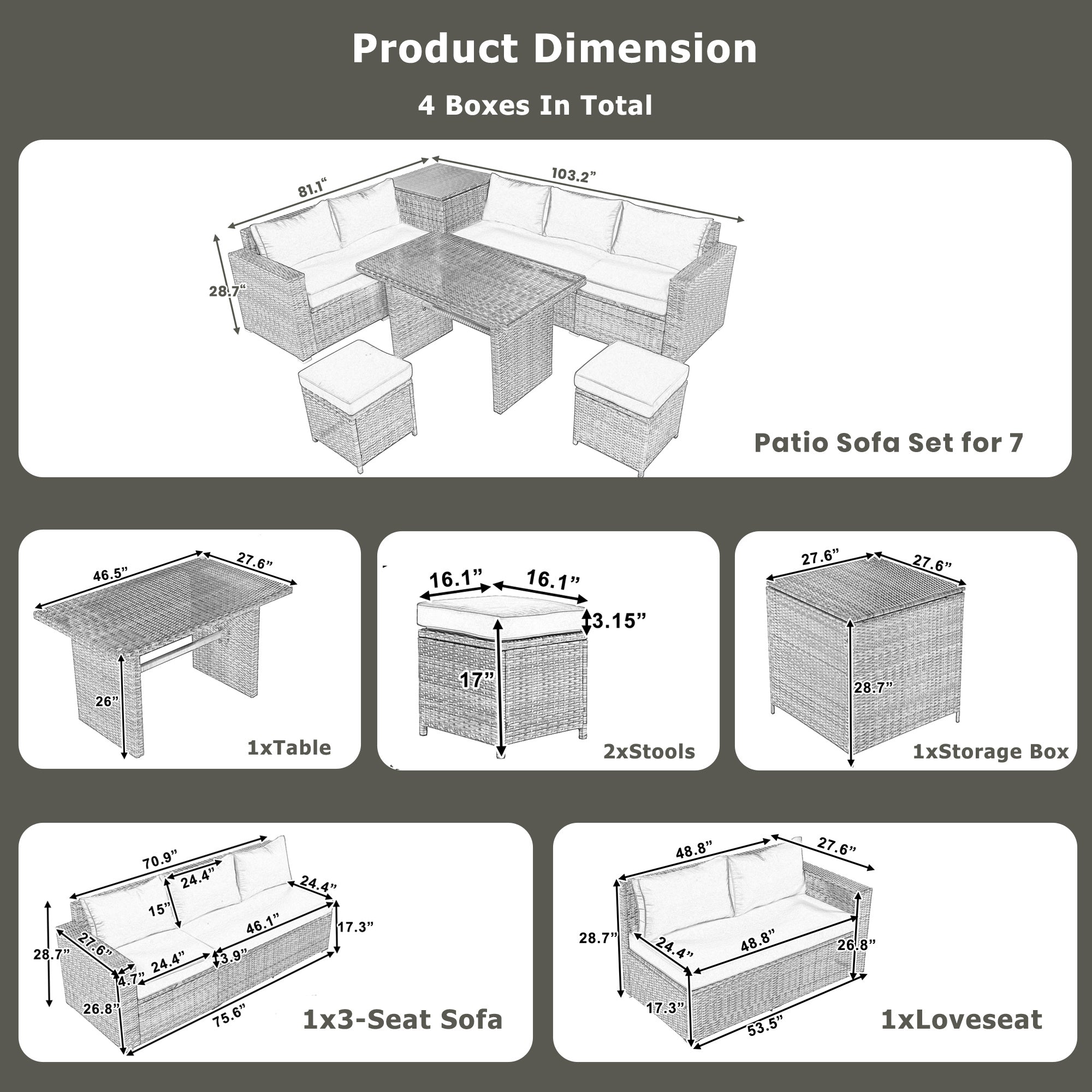 Outdoor 6-Piece All Weather PE Rattan Sofa Set, Garden Patio Wicker Sectional Furniture Set with Adjustable Seat, Storage Box, Removable Covers and Tempered Glass Top Table