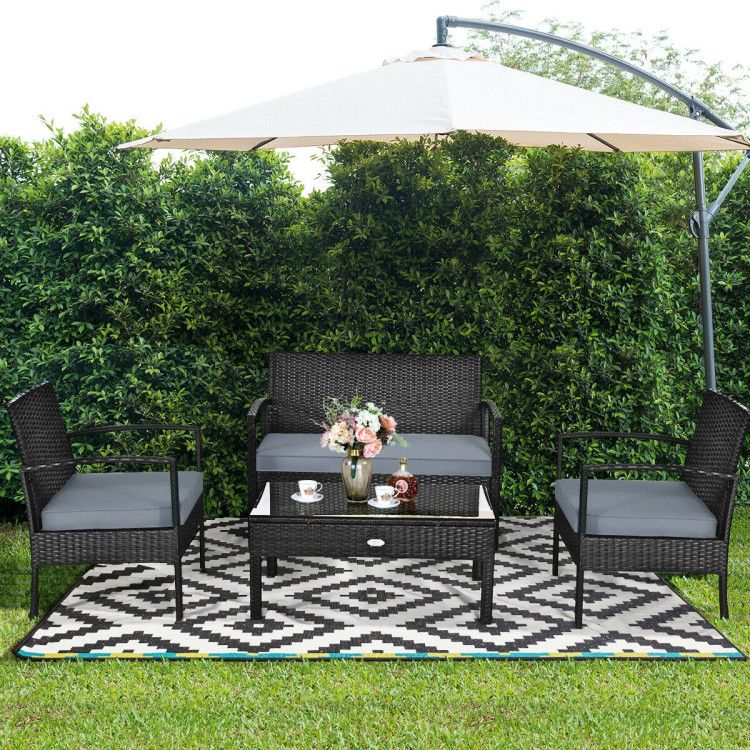 4 Pieces Patio Rattan Cushioned Furniture Set with Loveseat and Table Outdoor Conversation Sets