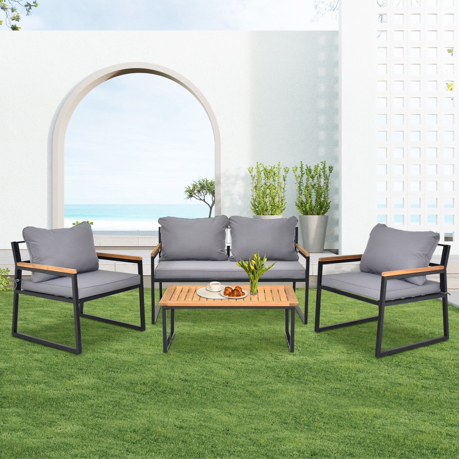 4 Piece Outdoor Patio Lounge Conversation Set, Metal Frame with Acacia Wood Armrest & Tabletop Furniture Set for Backyard Balcony Deck with Soft Cushions and Table