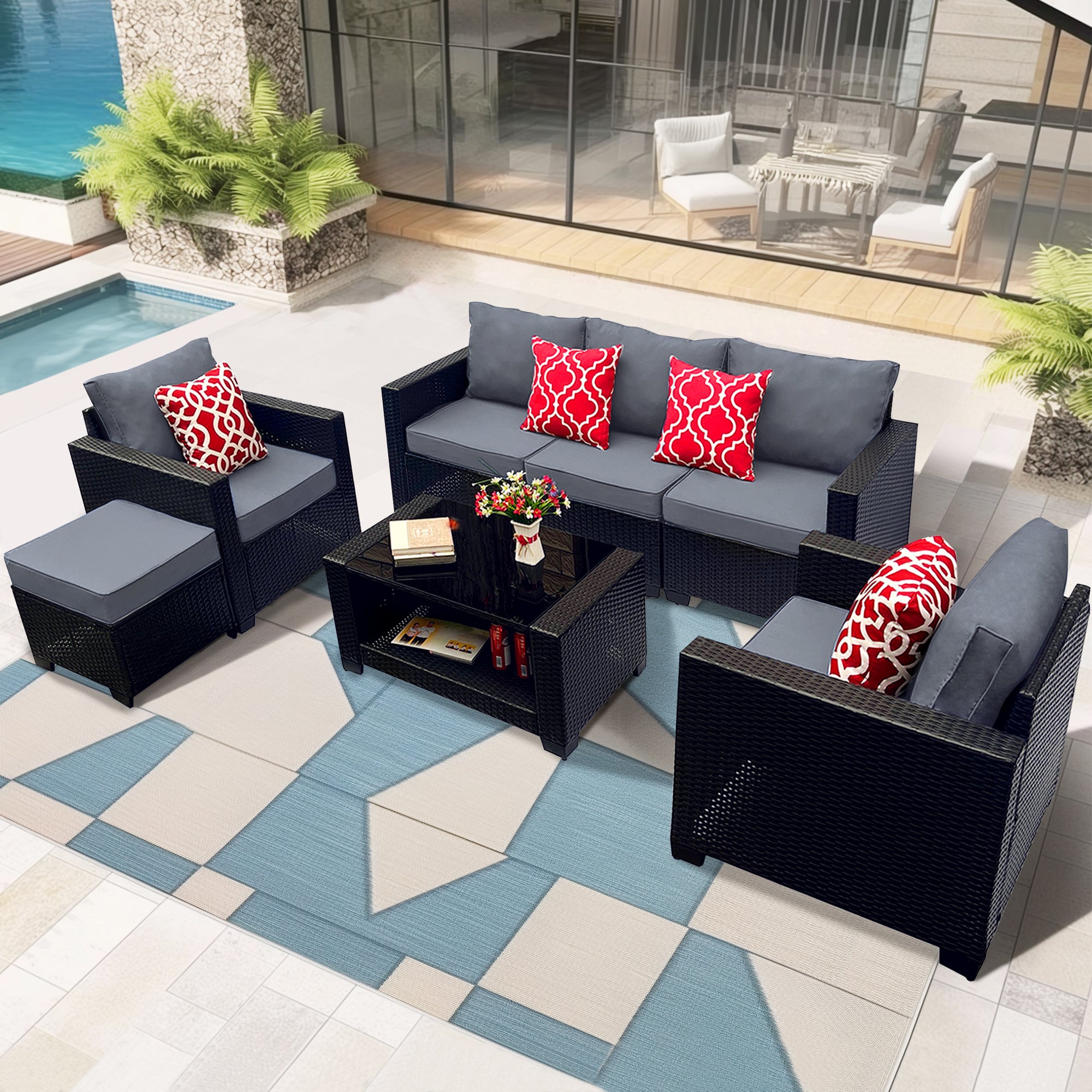 Outdoor Garden Patio Furniture 7-Piece PE Rattan Wicker Cushioned Sofa Sets and Coffee Table, patio furniture set;outdoor couch;outdoor couch patio furniture;outdoor sofa;patio couch