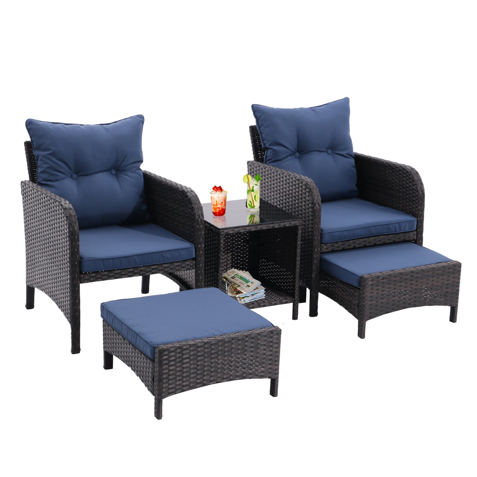 5 Piece Outdoor Patio Furniture Set,All Weather PE Rattan Conversation Chairs with Armrest and Removable Cushions,Ottomans and Storage Coffee Table for Poolside Garden Balcony Deck