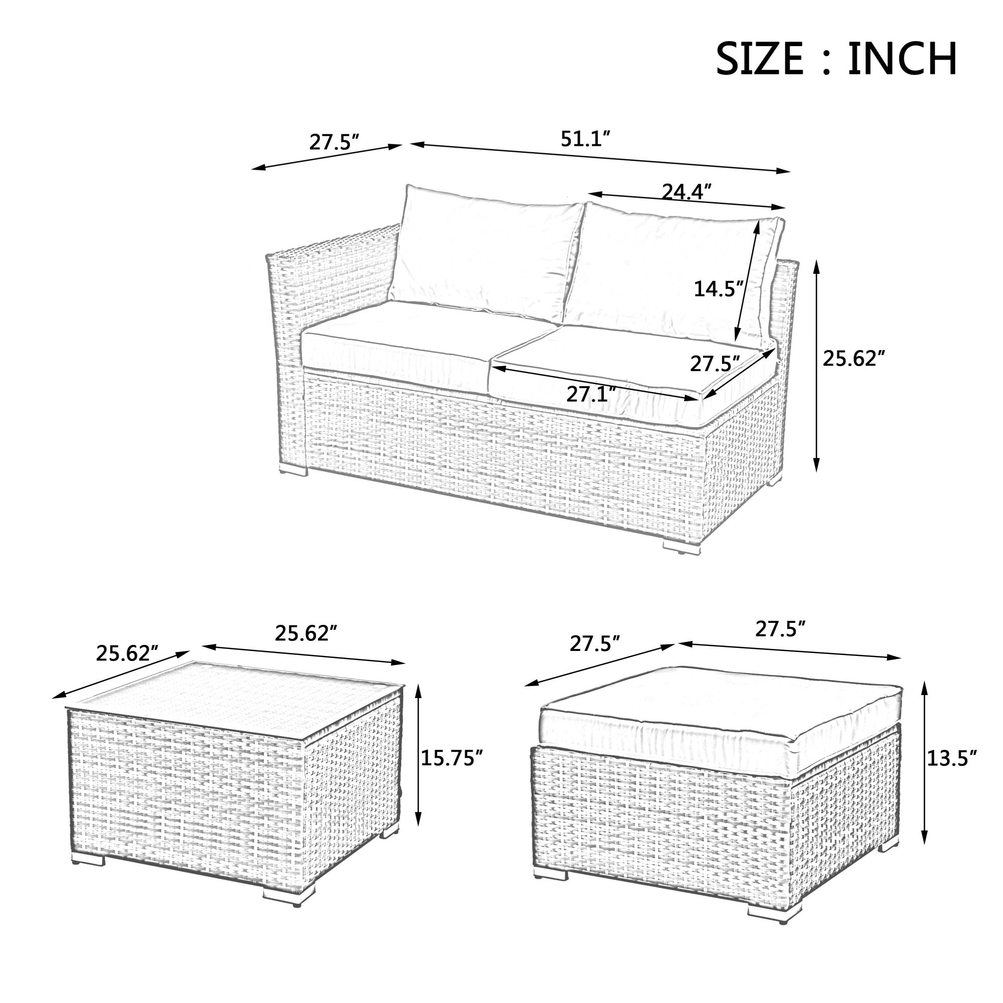 Patio Furniture, Outdoor Furniture, Seasonal PE Wicker Furniture, 4 Set Wicker Furniture With Tempered Glass Coffee Table