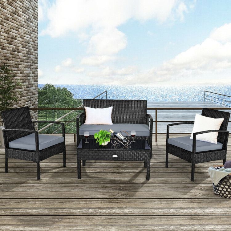 4 Pieces Patio Rattan Cushioned Furniture Set with Loveseat and Table Outdoor Conversation Sets