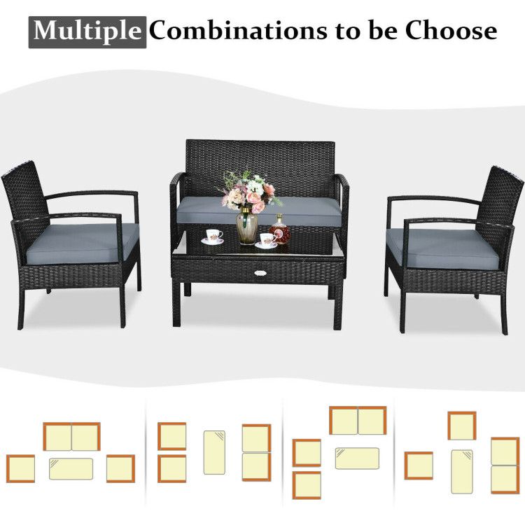 4 Pieces Patio Rattan Cushioned Furniture Set with Loveseat and Table Outdoor Conversation Sets