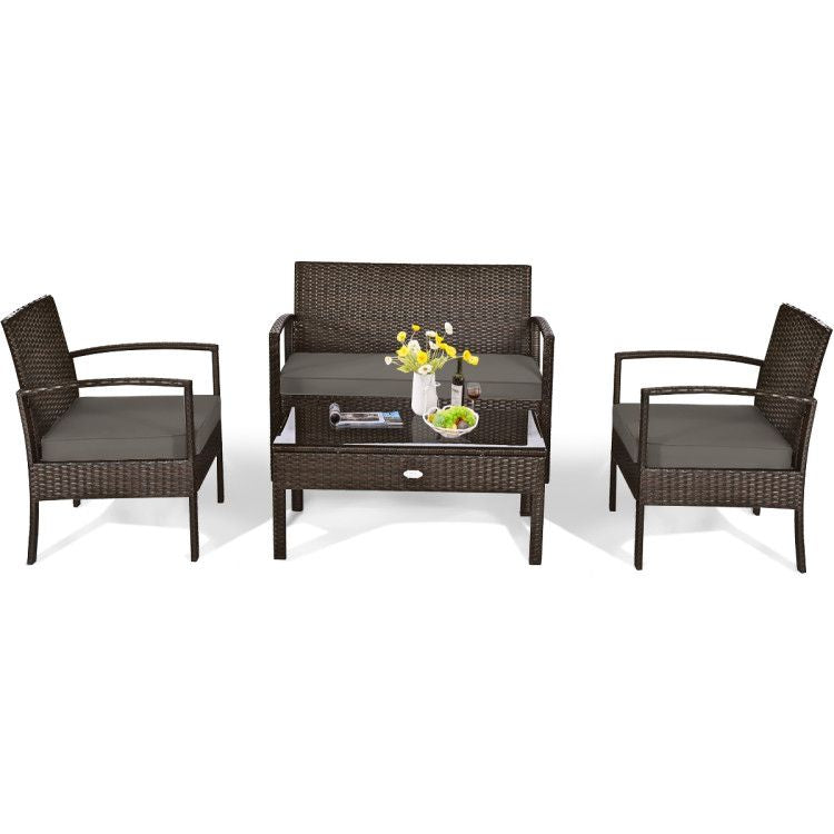 4 Pieces Patio Rattan Cushioned Furniture Set with Loveseat and Table Outdoor Conversation Sets