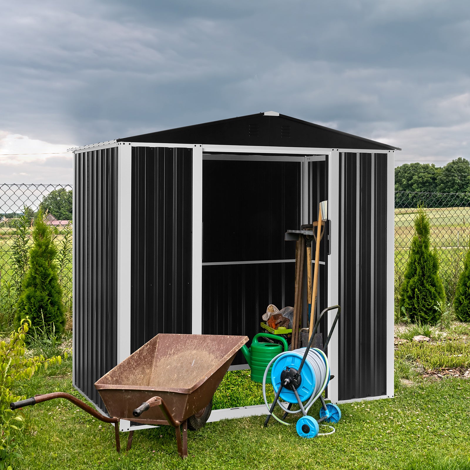 6 x 4 FT Outdoor Storage Shed, Metal Garden Storage House with Double Sliding Doors for Backyard Outdoor Patio, Black