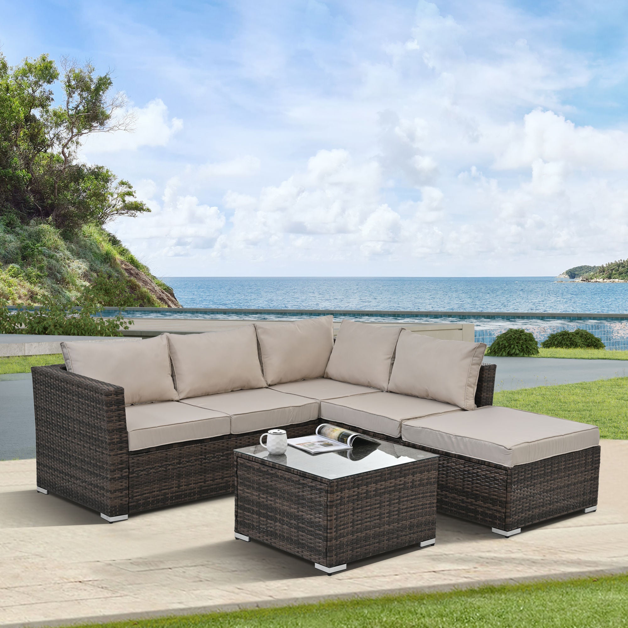 Patio Furniture, Outdoor Furniture, Seasonal PE Wicker Furniture, 4 Set Wicker Furniture With Tempered Glass Coffee Table