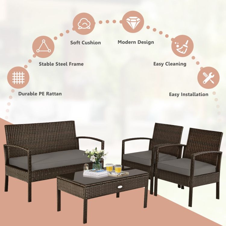 4 Pieces Patio Rattan Cushioned Furniture Set with Loveseat and Table Outdoor Conversation Sets