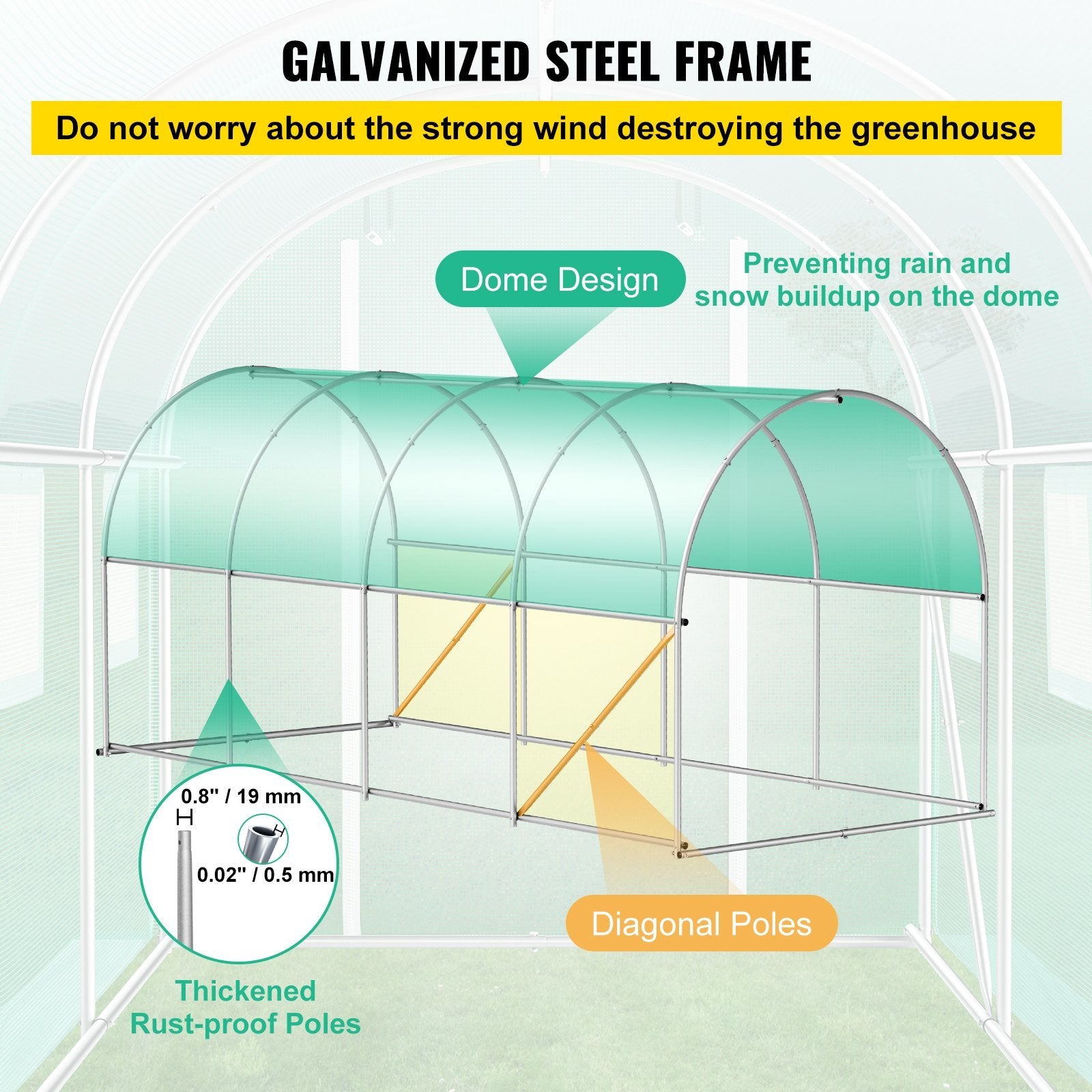 VEVOR Walk-in Tunnel Greenhouse, 15 x 7 x 7 ft Portable Plant Hot House w/ Galvanized Steel Hoops, 1 Top Beam, Diagonal Poles, Zippered Door & 8 Roll-up Windows, White