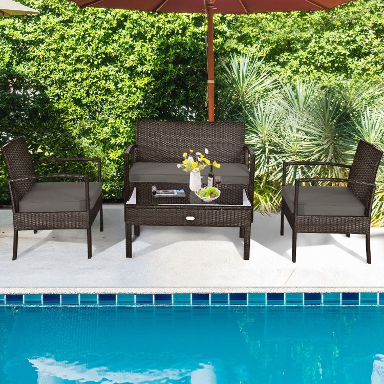 4 Pieces Patio Rattan Cushioned Furniture Set with Loveseat and Table Outdoor Conversation Sets