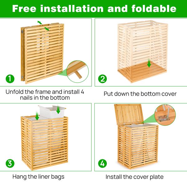Bamboo Laundry Hamper with Lid – Foldable Clothes Basket with 2-Section Removable Liner Bag, Space-Saving Laundry Sorter for Bathroom, Bedroom, and Laundry Room (Natural, 21.69'L x 13.85'W x 25.39'H)