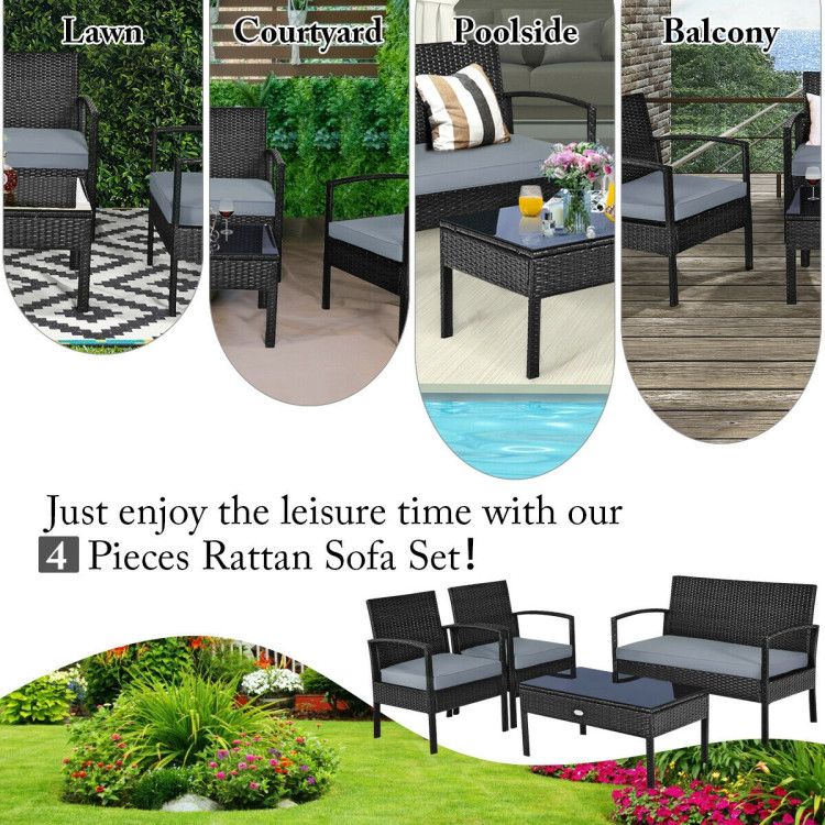 4 Pieces Patio Rattan Cushioned Furniture Set with Loveseat and Table Outdoor Conversation Sets