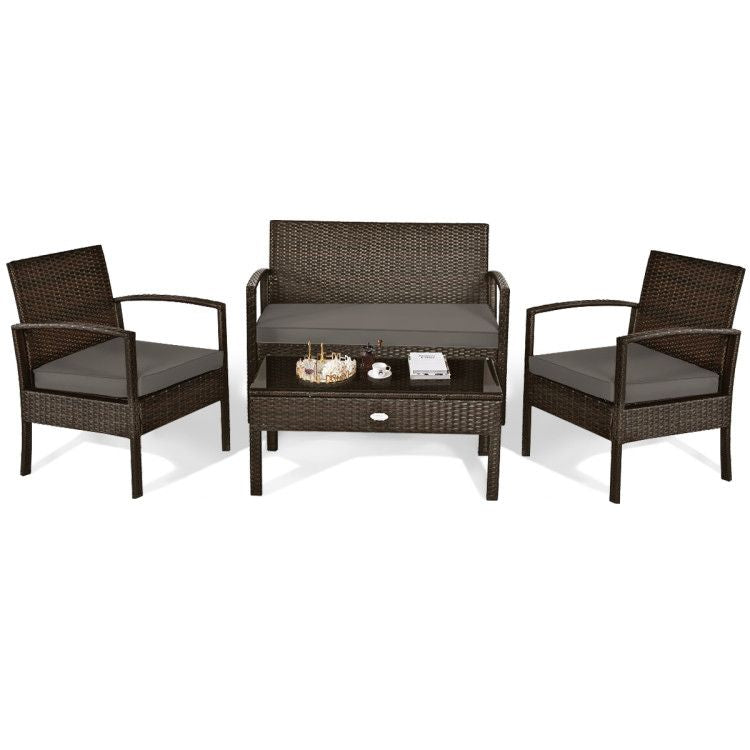 4 Pieces Patio Rattan Cushioned Furniture Set with Loveseat and Table Outdoor Conversation Sets