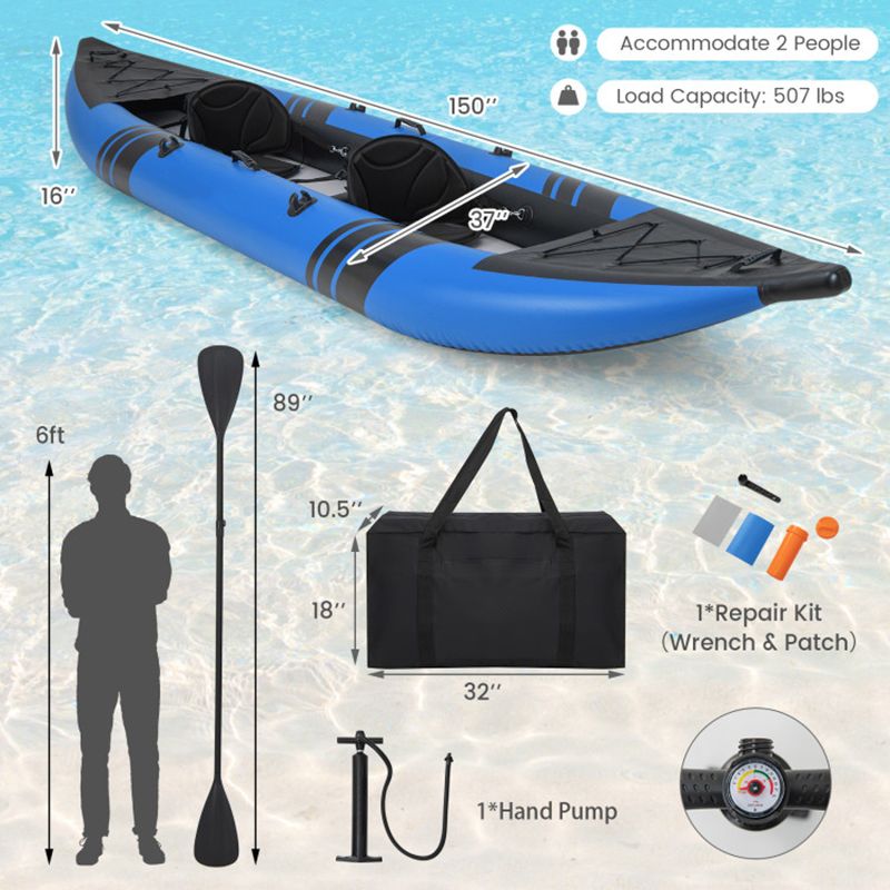 Inflatable 2-person Kayak Set with Aluminium Oars and Repair Kit