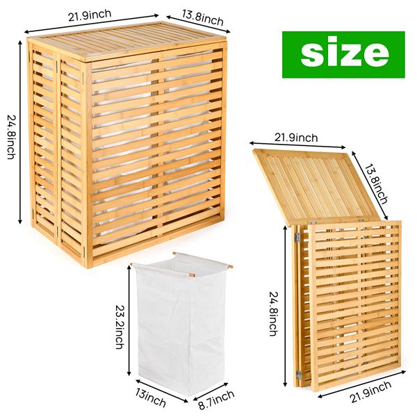 Bamboo Laundry Hamper with Lid – Foldable Clothes Basket with 2-Section Removable Liner Bag, Space-Saving Laundry Sorter for Bathroom, Bedroom, and Laundry Room (Natural, 21.69'L x 13.85'W x 25.39'H)