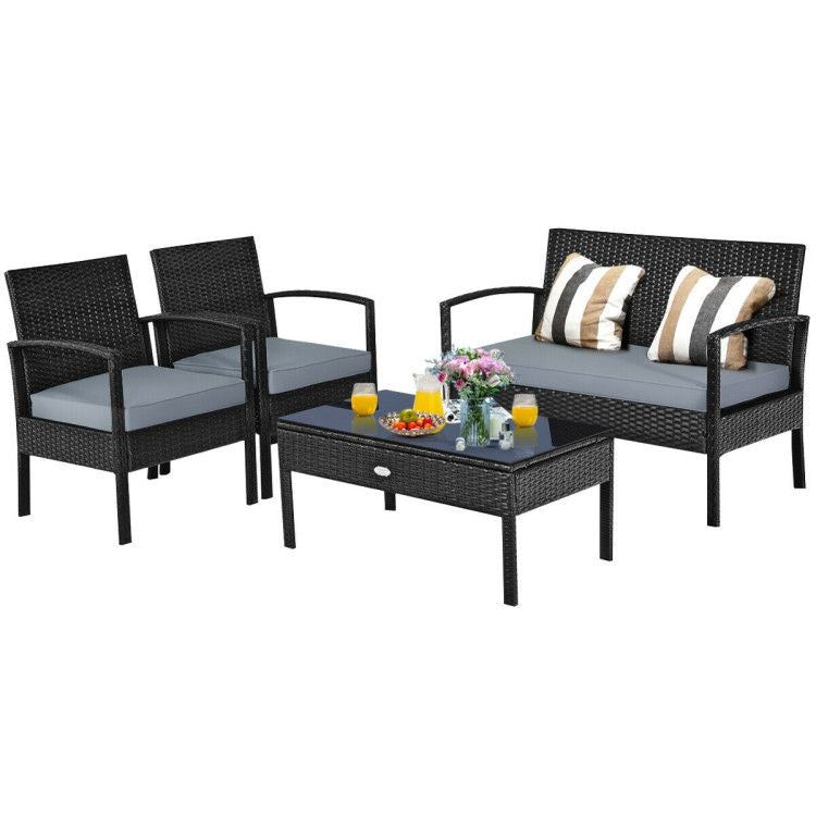 4 Pieces Patio Rattan Cushioned Furniture Set with Loveseat and Table Outdoor Conversation Sets