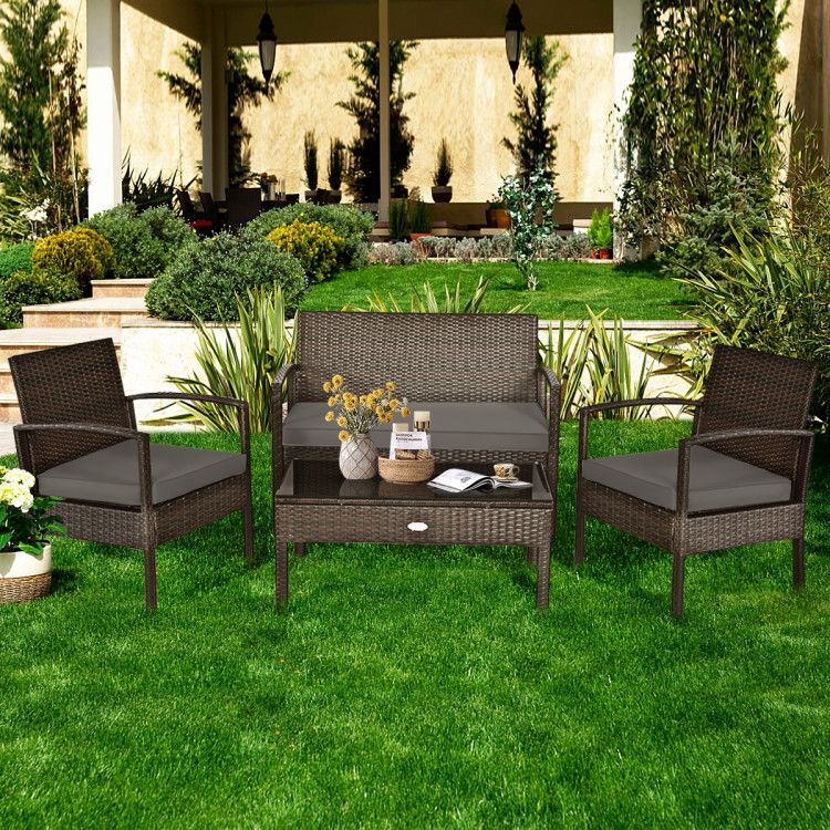 4 Pieces Patio Rattan Cushioned Furniture Set with Loveseat and Table Outdoor Conversation Sets