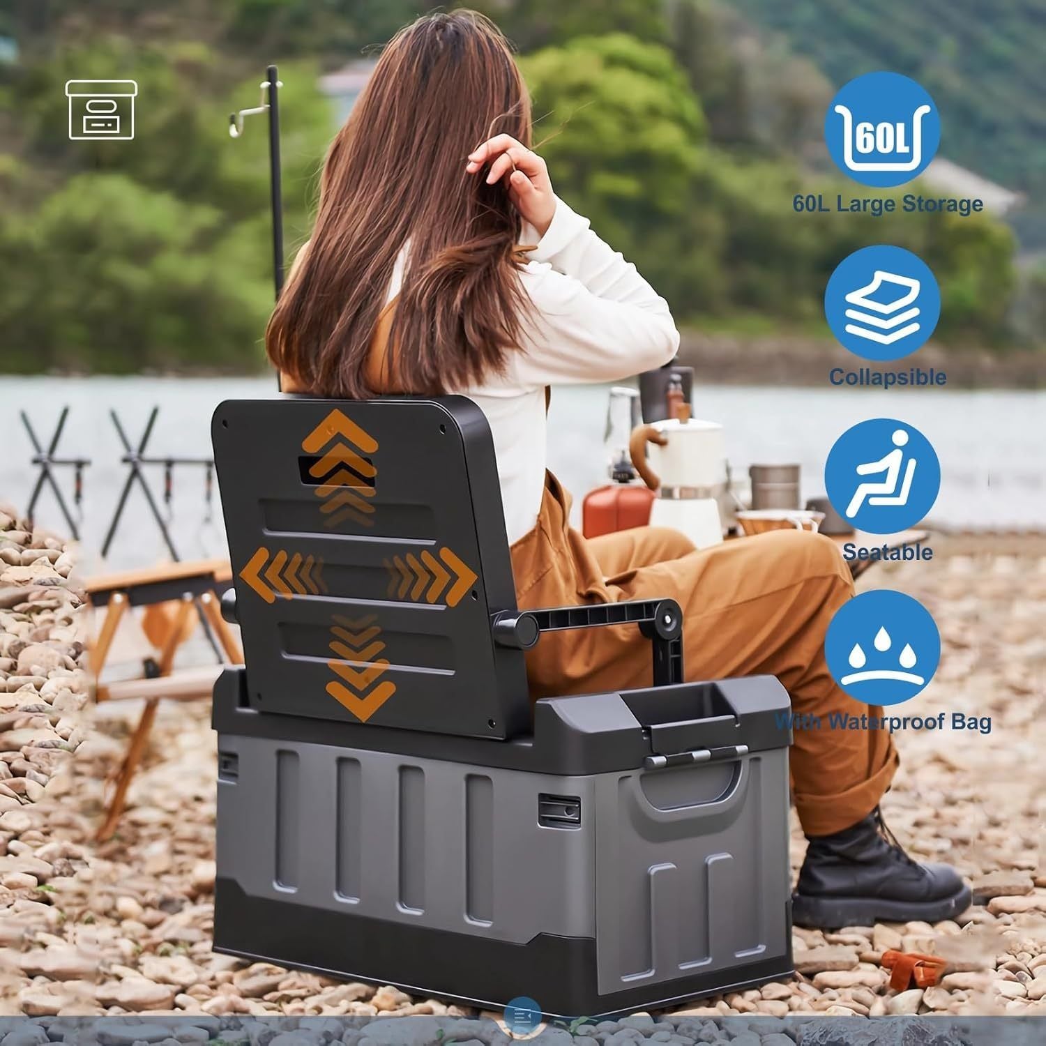 Trunk Organizer with Lid for Car, Seatable Camping Organizer with Bag, Multifunctional Collapsible Camping Storage Box for Outdoor Picnic, Car, Clothes, (Black)