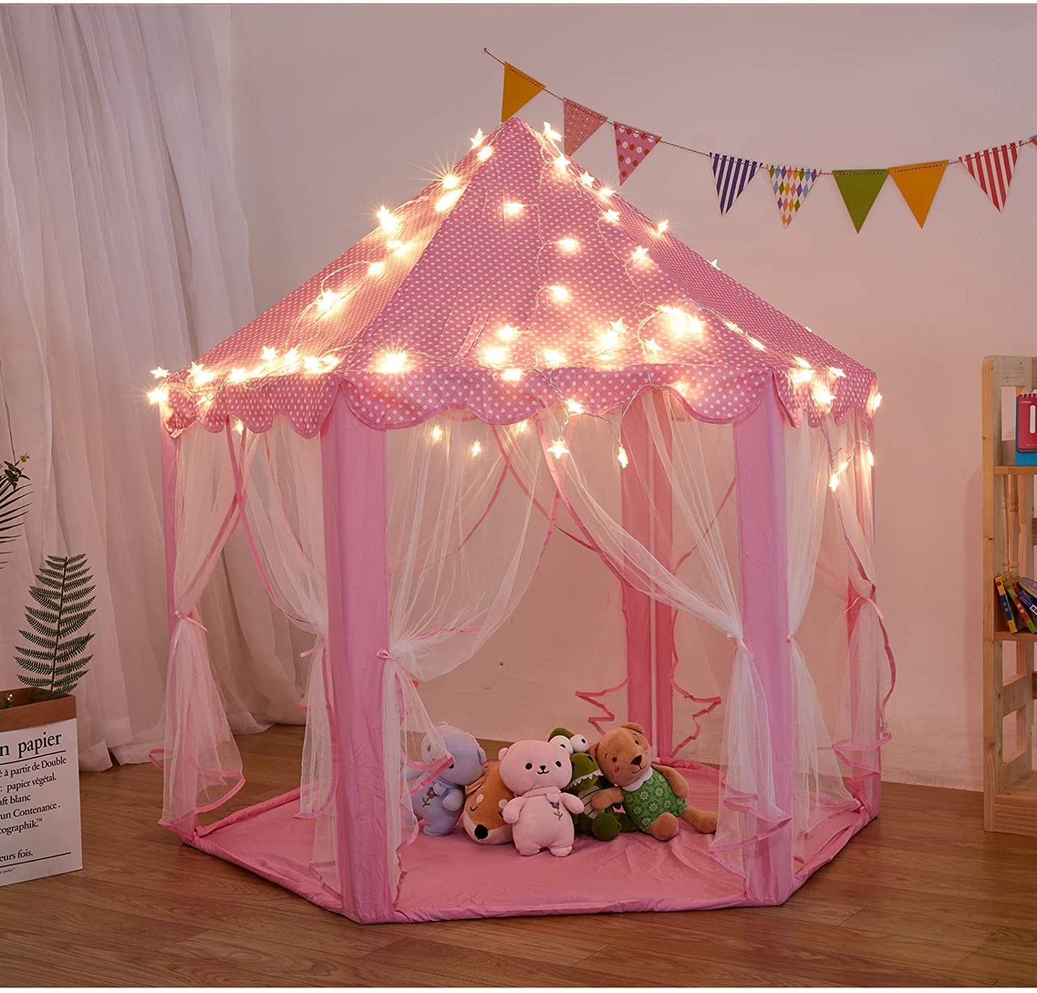 Outdoor Indoor Portable Folding Princess Castle Tent Kids Children Funny Play Fairy House Kids Play Tent(Warm LED Star Lights)