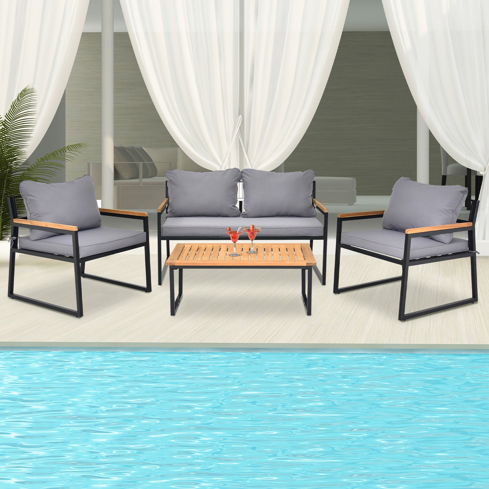 4 Piece Outdoor Patio Lounge Conversation Set, Metal Frame with Acacia Wood Armrest & Tabletop Furniture Set for Backyard Balcony Deck with Soft Cushions and Table